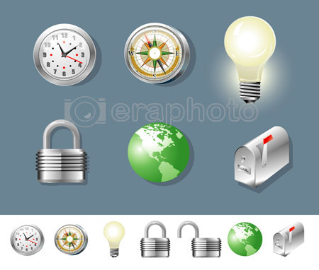 #2000149 - Silver compass, clock, lock, globe, bulb and mailbox